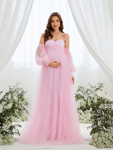 Maternity Off-Shoulder Evening Gown with Puff Sleeves – Flowy Tulle Dress for Pregnancy Photoshoots & Baby Showers